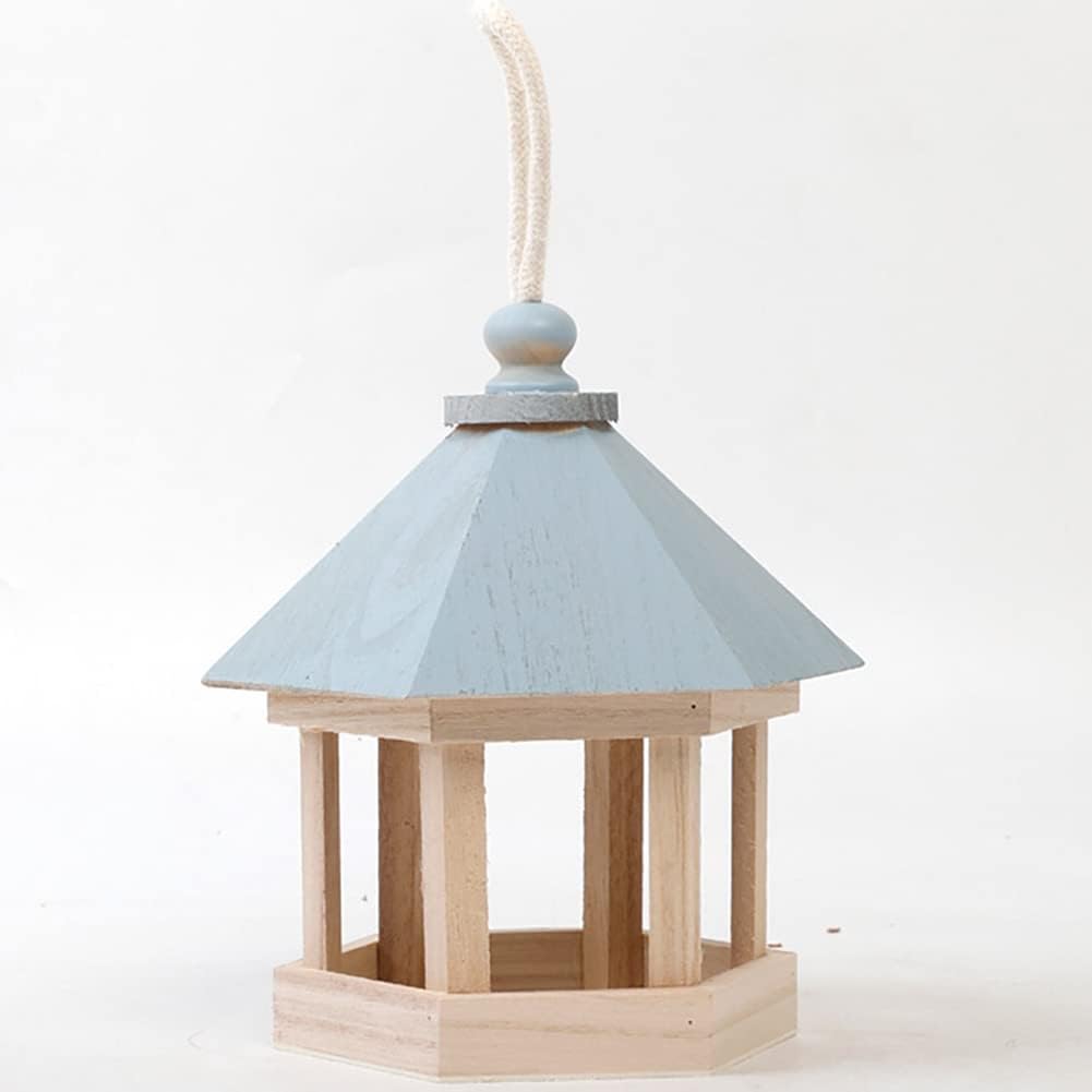 Bird Feeder, Wooden House Shape Hanging Feeding Station Hollow for Outdoor Garden Park Decoration with Hang Rope