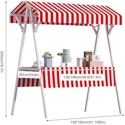 Portable Food Cart with Striped Canopy, 59in Yellow Street Vendor Stand on Wheels, Market Stall for Outdoor Events & Festivals, Mobile Food Trailer