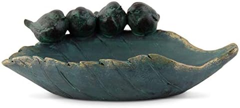 K&K Interiors, 17224A 12.25 Inch Resin Patina Green & Gold Leaf Feeder with 4 Birds