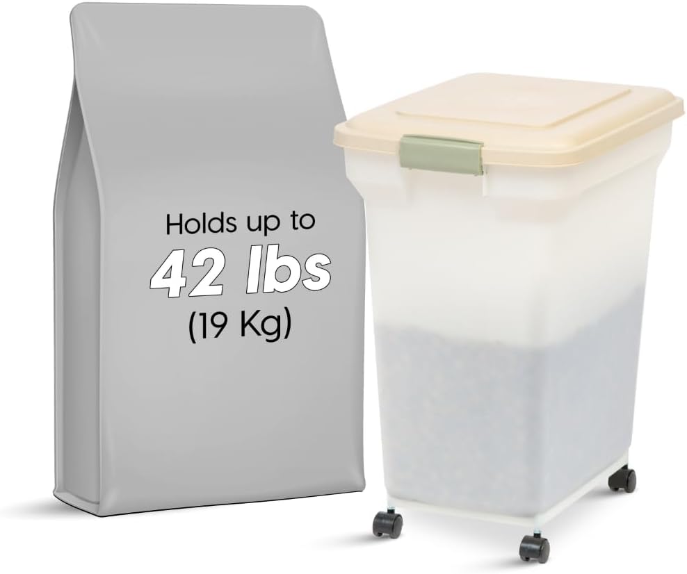 IRIS USA Airtight Dog Food Storage Container, WeatherPro, Up to 40 lbs, Removable Wheels, for Dog Cat Bird and Other Pet Food Storage Bin, Keep Fresh, Translucent Body, Made in USA, Pearl/Almond