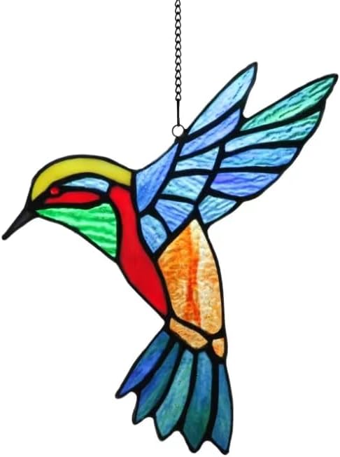 Birds Stained Glass Window Hangings, Handmade Hummingbird Gifts Suncatcher for Window Decor,Sun Catcher Bird Decoration Gifts for Mom,Bird Lovers (Blue-Winged)