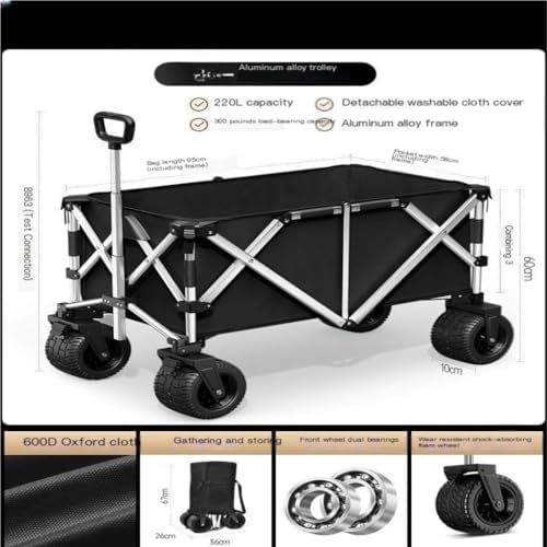 Portable Camping Cart,Outdoor Aluminum Alloy Folding Camping Table with Beach Trolley Cart Hand Pulled Camping Car Trailer for Outdoor Activities (Black)