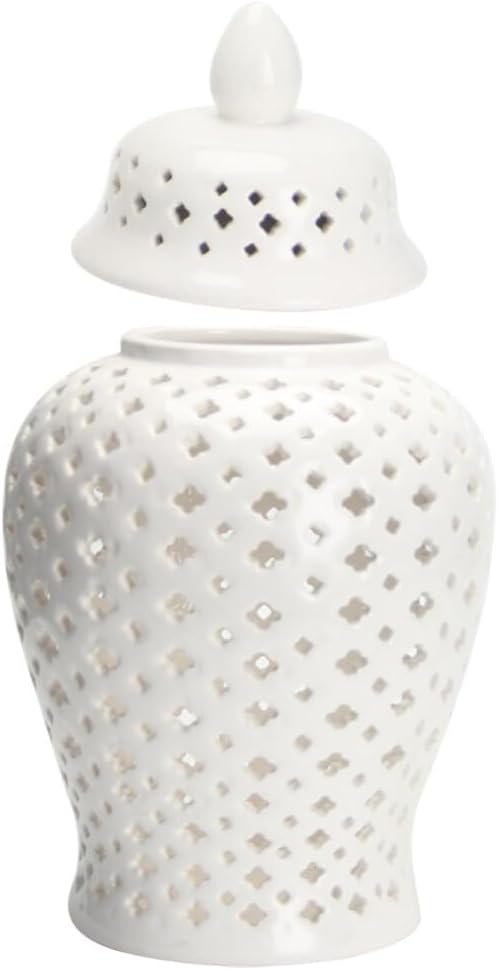 VOSAREA Ginger Jar Traditional Pierced Ginger Jar with Lid Ceramic Vase Carved Lattice Decorative Temple Jar White Ginger Jars for Home Decor