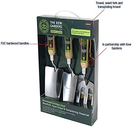 Spear & Jackson 3056KEW Kew Gardens Neverbend Stainless 3 Piece Hand Tool Gift Set – Planting Trowel, Transplant Trowel & Weed Fork – Mirror-Polished Stainless Steel Heads