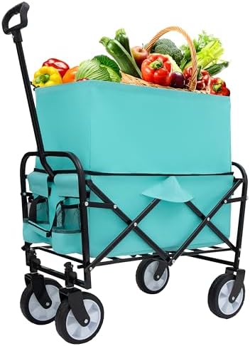 Heavy Duty Collapsible Wagon Cart - All-Terrain Foldable Utility Cart for Camping, Shopping, Sports, Gardening, Fishing - Expandable Design Supports 225lbs (Blue)