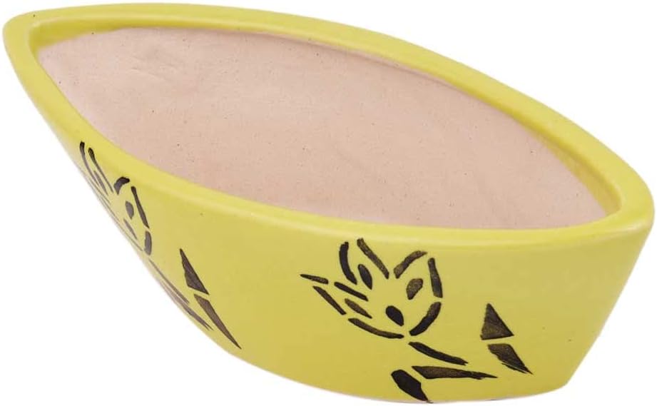 Indian Shelf Handmade Ceramic Yellow Oval Shape Pot with Hand Painted 