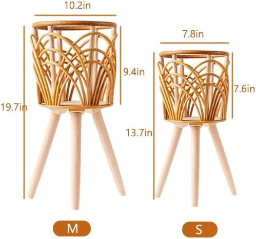 Boho Rattan Plant Stand Indoor Outdoor - Set of 2 (Small & Medium) Wicker Planter Shelf for Multiple Plants, Mid-Century Modern Wooden Flower Pot Holder with Stand, Farmhouse Home Decor for Living Room, Balcony, Patio