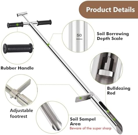 1m Stainless Steel Soil Sampler Probe for Lawn & House Plants - Ejector Foot Pedal Handle, 2" Diameter (38mm) - Durable Soil Testing Tool for Garden & Lawn Care
