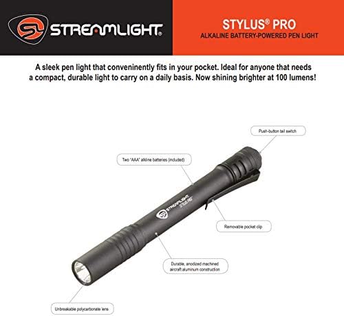 Streamlight 66118 Stylus Pro 100-Lumen Penlight with 2 AAA Alkaline Batteries, Black