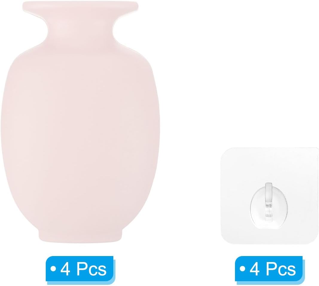 PATIKIL Wall Mounted Flower Vase, 4 Pcs Mini Flower Vase PP Removable Wall Hanging Flower Pot with Sticky Hook for Home Party Decoration, Pink