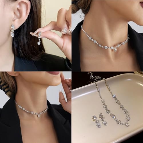 Crystal Wedding Jewelry Set, Silver Necklace Earrings Bracelet Crystal