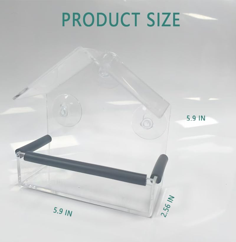 Window Bird Feeder with Strong Suction Cups & Fixed Seed Tray, Transparent Acrylic Birdfeeder for Outdoor (Balcony/Patio), for Wild & Pet Bird Watching Lovers (Small House)