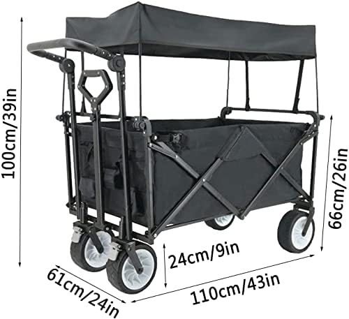 Portable Camping Cart,Beach Trolley Folding Handcart with Roof Trolley with Brakes 4-Wheel Beach Cart 94 X 61 X 35cm Bearing 100kg/220lbs