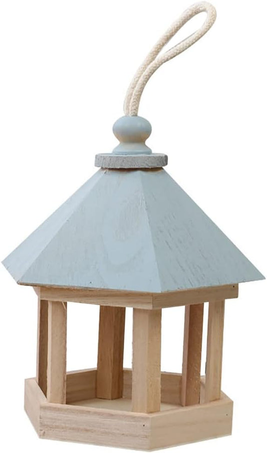 Bird Feeder, Wooden House Shape Hanging Feeding Station Hollow for Outdoor Garden Park Decoration with Hang Rope