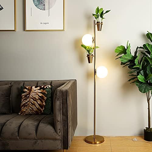 2 Light Floor Lamp Modern 2 Way Lamp with E27 White Glass Shades 2 Metal Plant Pots Tall Lamp Stand for Living Room Bed Room Office 154cm Gold