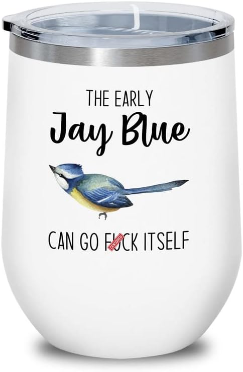 Bird Lover White Edition Wine Tumbler 12oz - Early jay blue go - Hummi