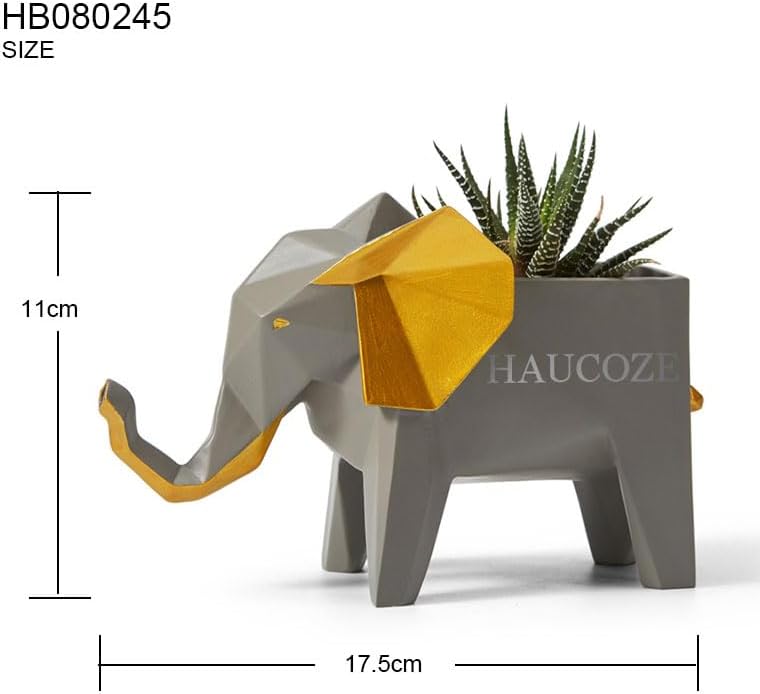 HauCoze Cactus Succulent Planter Geometric Elephant Statue Sculpture Home Decoration Handmade Premium Gifts Souvenirs Giftbox Safety Paint for Kids Polyresin 17cmL