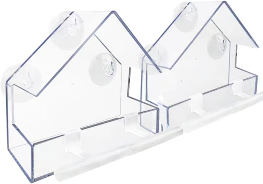 Window Bird Feeder 2 Pack, Bird House for Outside with 2 Rod, Small Acrylic Window Bird Feeder with Strong Suction Cups and Drain Holes 5.9 * 2.4 * 5.9 inch