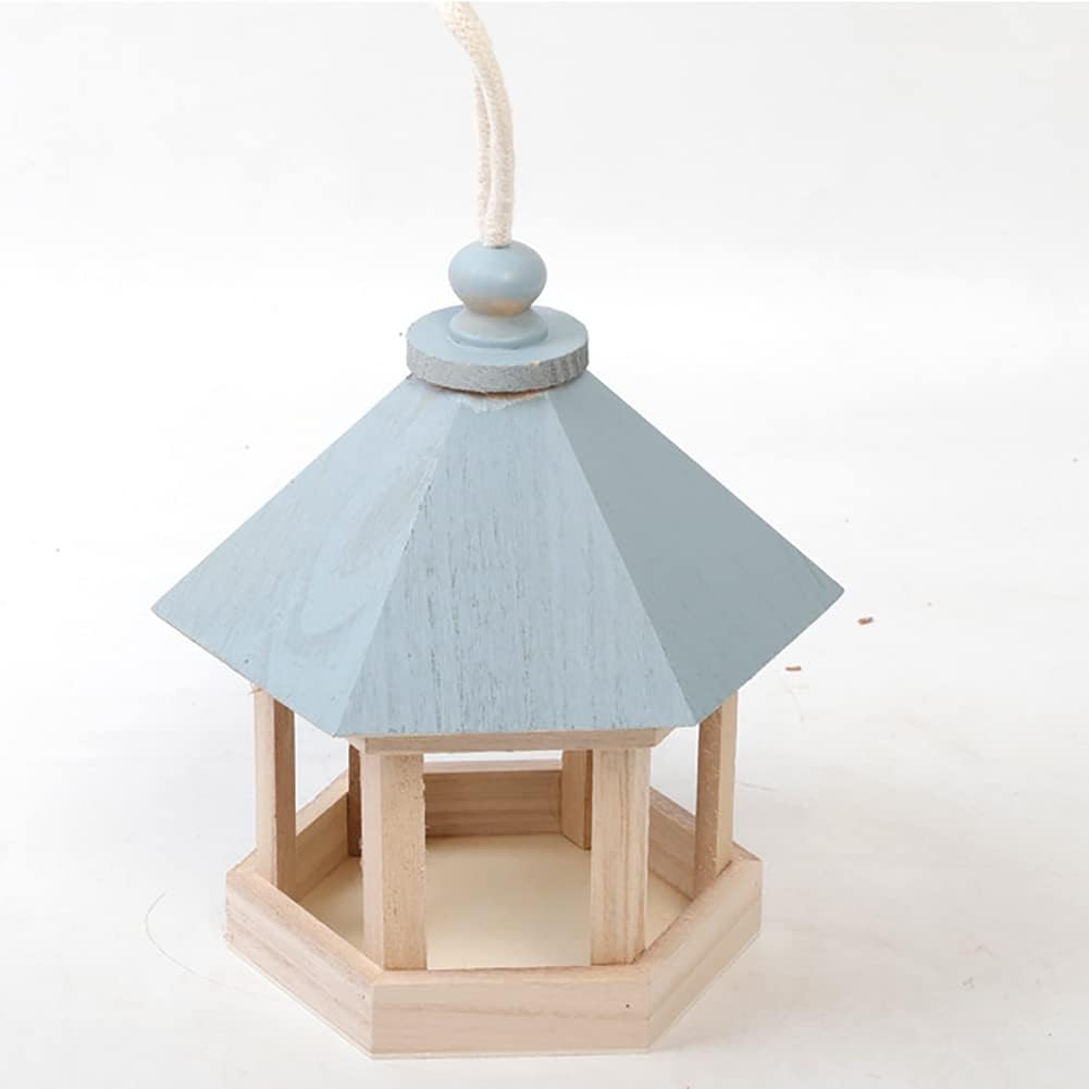 Bird Feeder, Wooden House Shape Hanging Feeding Station Hollow for Outdoor Garden Park Decoration with Hang Rope