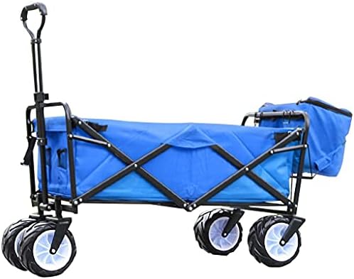 Pull Along cart Utility Carts Hand Truck Portable Folding Camping Wagon Household 4-Wheel Garden Cart Outdoor Utility Wagon with Storage Frame and Safety Belt Design Load Bearing 330lbs (Blue 90 *