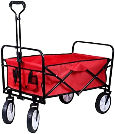 Folding Trolley Cart Outdoor Folding Utility Wagon Portable Camping Cart Collapsible Hand Cart with 4 Wheels and Adjustable Push Handle Load-Bearing 100kg / 220lbs for Outdoor Garden (Red)