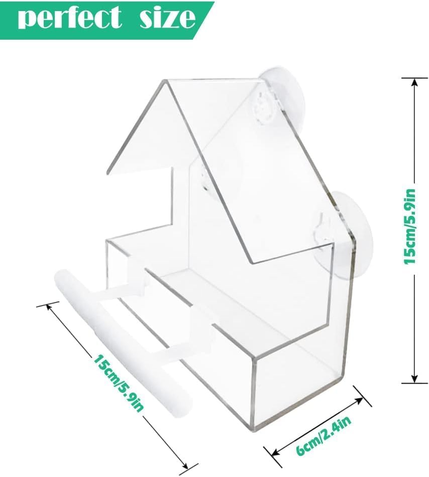 Window Bird Feeder 2 Pack, Bird House for Outside with 2 Rod, Small Acrylic Window Bird Feeder with Strong Suction Cups and Drain Holes 5.9 * 2.4 * 5.9 inch