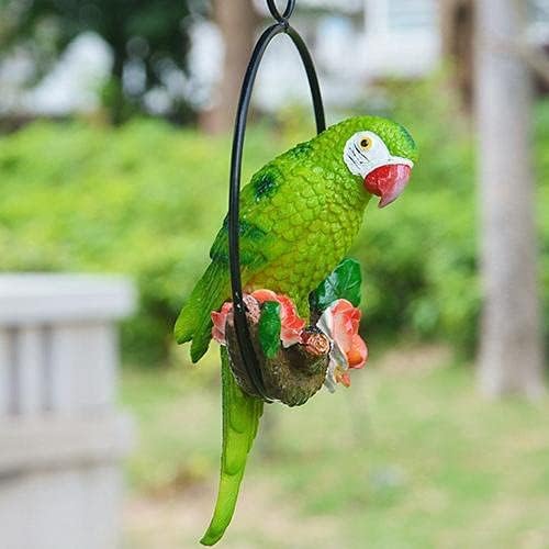 Garden Hanging Parrot Statue Perching On Branch in Metal Round Ring An