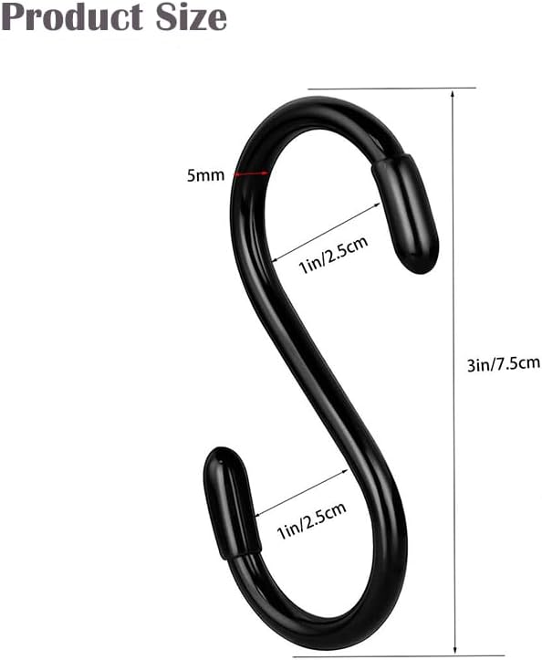 20 Pack 3 Inch Heavy Duty S Hooks, Black Rubber Coated S Hooks, Non Slip Sturdy Metal S Hook Hanger for Kitchen, Bathroom, Workshop, Office, Garden Tools, Plants, Clothes, Bags, Cups, Pans, Towel