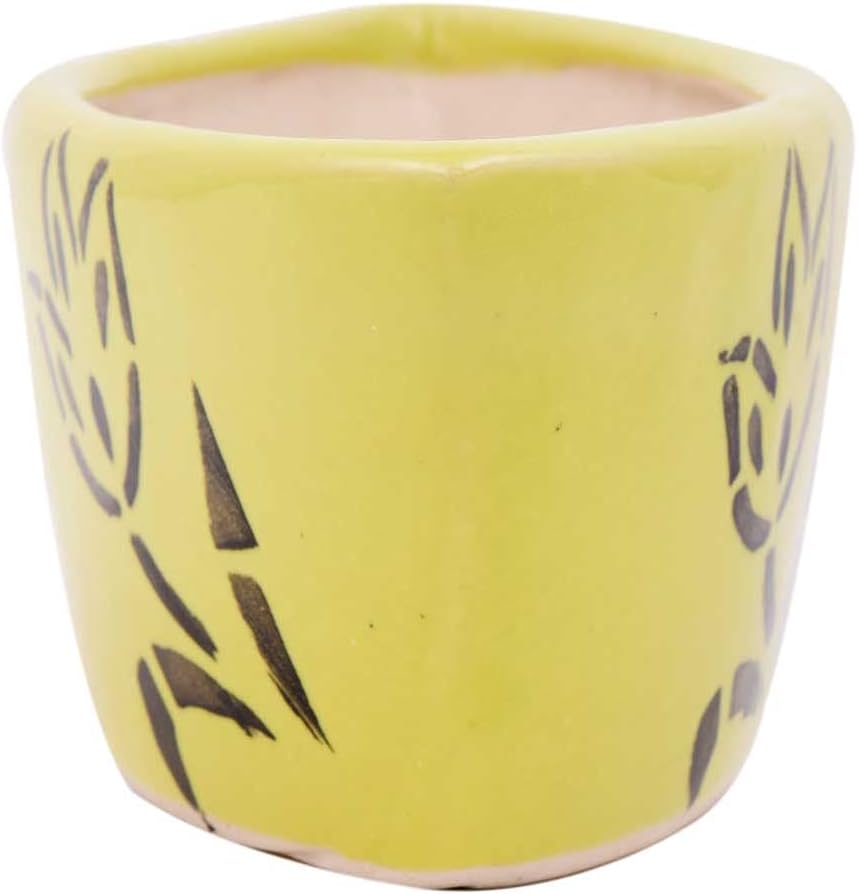 Indian Shelf Handmade Ceramic Yellow Oval Shape Pot with Hand Painted 