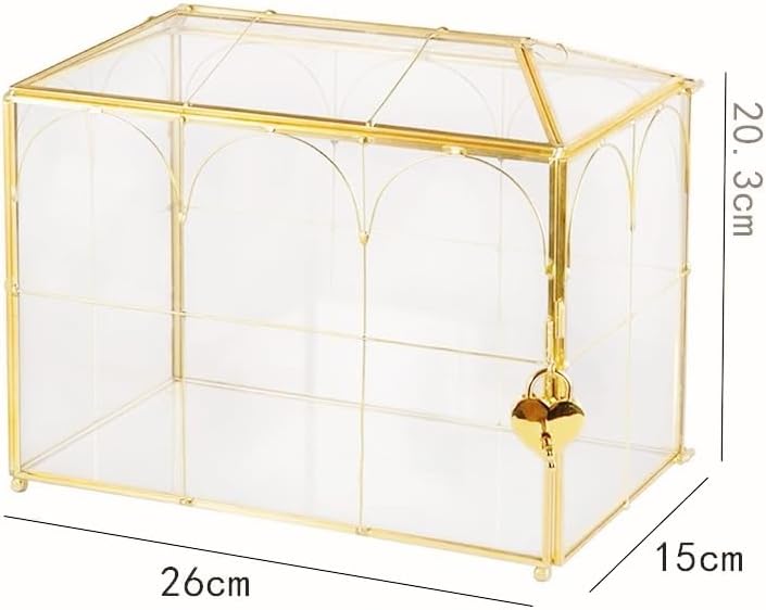 Golden Glass Lidded Box Decorative Jewelry Display Box Brass Clear Glass (Garden Gold with Lock, 10.3" L x 5.9" W x 8.3" H)…