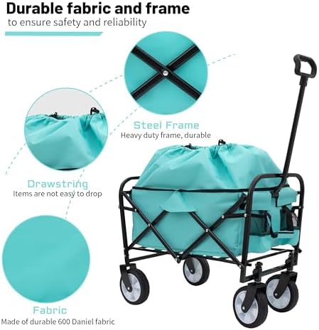Heavy Duty Collapsible Wagon Cart - All-Terrain Foldable Utility Cart for Camping, Shopping, Sports, Gardening, Fishing - Expandable Design Supports 225lbs (Blue)
