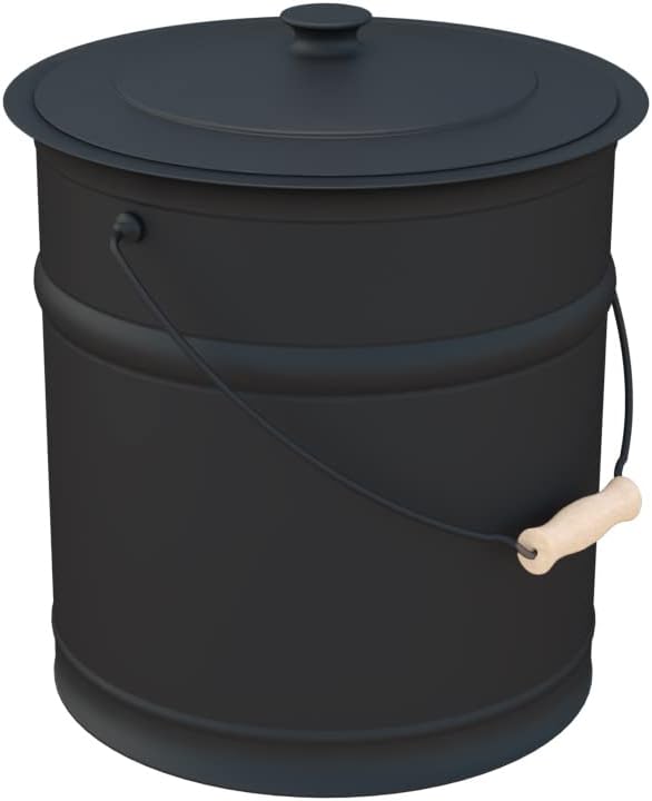 Plow & Hearth 3 Gallon Black Large Ash Bucket with Lid and Wood Handle | 28 Gauge Galvanized Iron Metal | Double Bottom | Tool for Fireplaces Fire Pits Wood Burning Stoves (Black)