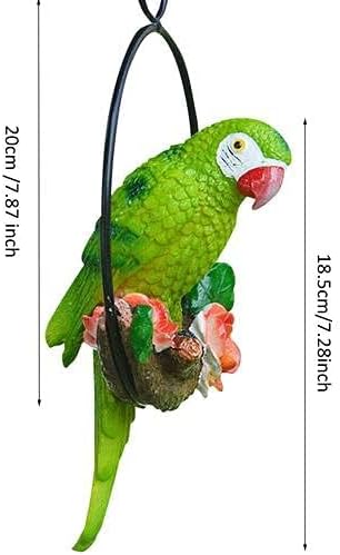 Garden Hanging Parrot Statue Perching On Branch in Metal Round Ring An