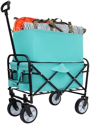 Heavy Duty Collapsible Wagon Cart - All-Terrain Foldable Utility Cart for Camping, Shopping, Sports, Gardening, Fishing - Expandable Design Supports 225lbs (Blue)