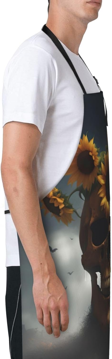 Sunflower Halloween Skull print Waterproof chef's apron with pocket apron for kitchen cooking baking barbecue and gardening