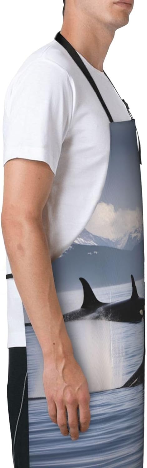 Killer Whales Swim Along print Waterproof chef's apron with pocket apron for kitchen cooking baking barbecue and gardening