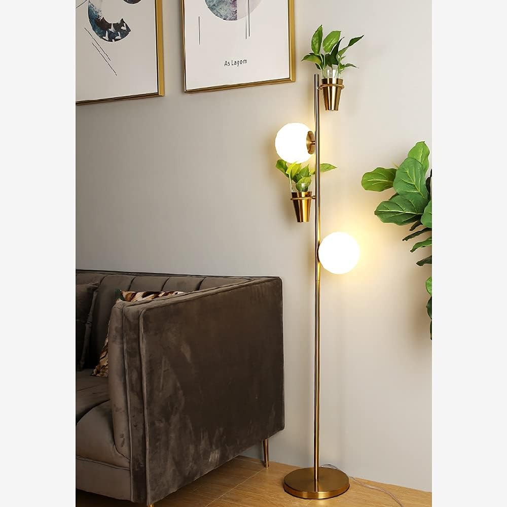 2 Light Floor Lamp Modern 2 Way Lamp with E27 White Glass Shades 2 Metal Plant Pots Tall Lamp Stand for Living Room Bed Room Office 154cm Gold