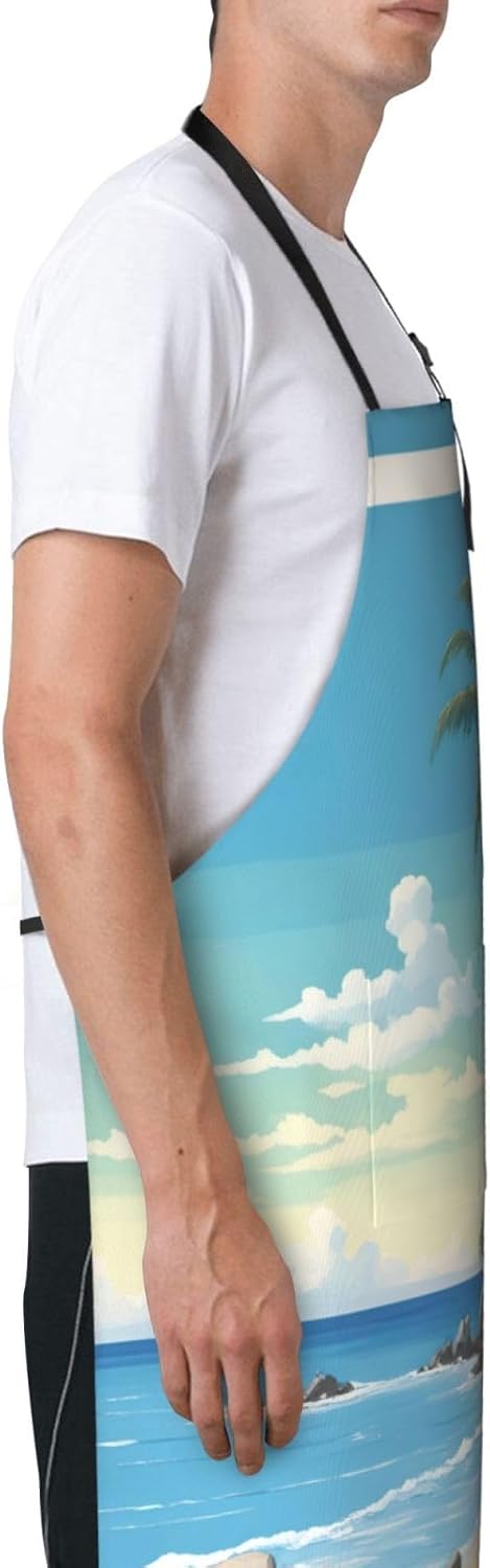 Palm Tree Rocky Shore print Waterproof chef's apron with pocket apron for kitchen cooking baking barbecue and gardening