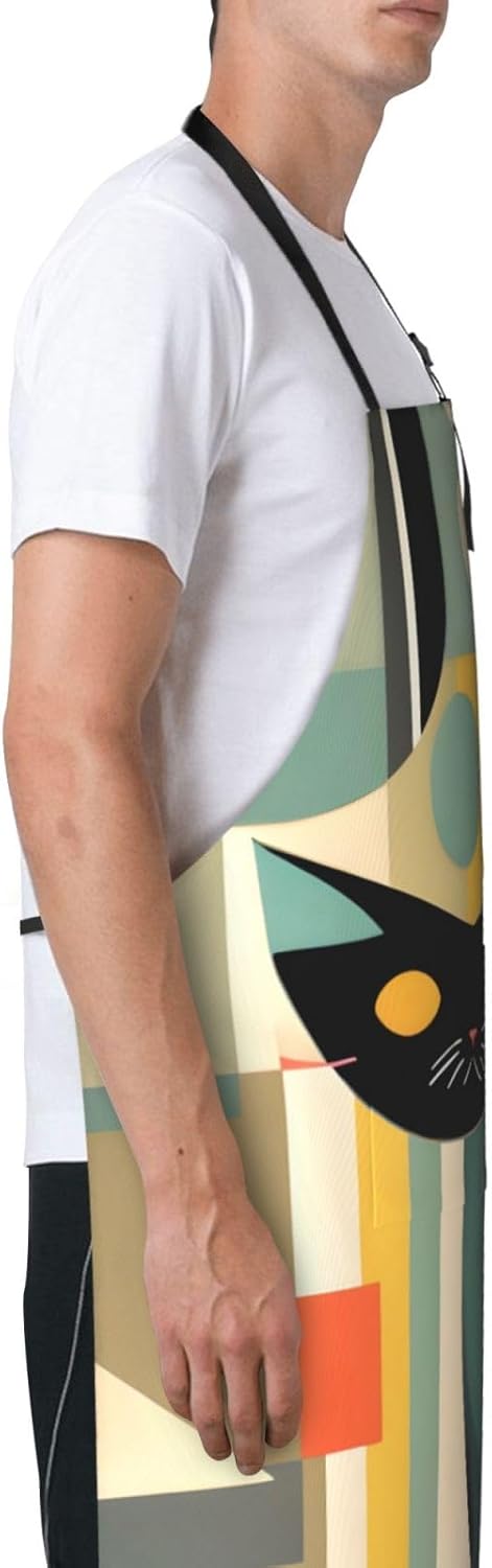 Mid-Century Modern Art Cat print Waterproof apron with pocket adjustab