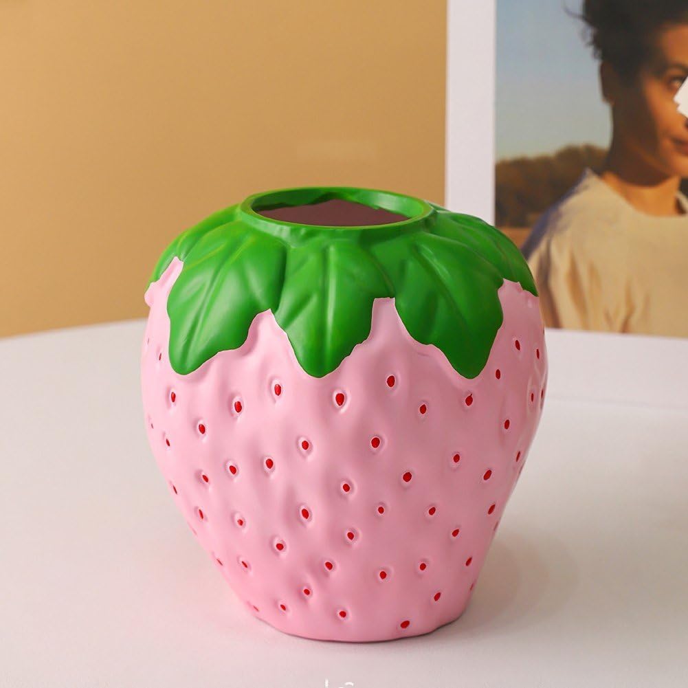 Strawberry Vase for Flowers, Decorative Fruit Vase, Strawberry Shaped Planter Pot with Green Leaves for Table Centerpiece, Spring Home Kitchen Decor