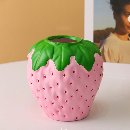 Strawberry Vase for Flowers, Decorative Fruit Vase, Strawberry Shaped Planter Pot with Green Leaves for Table Centerpiece, Spring Home Kitchen Decor