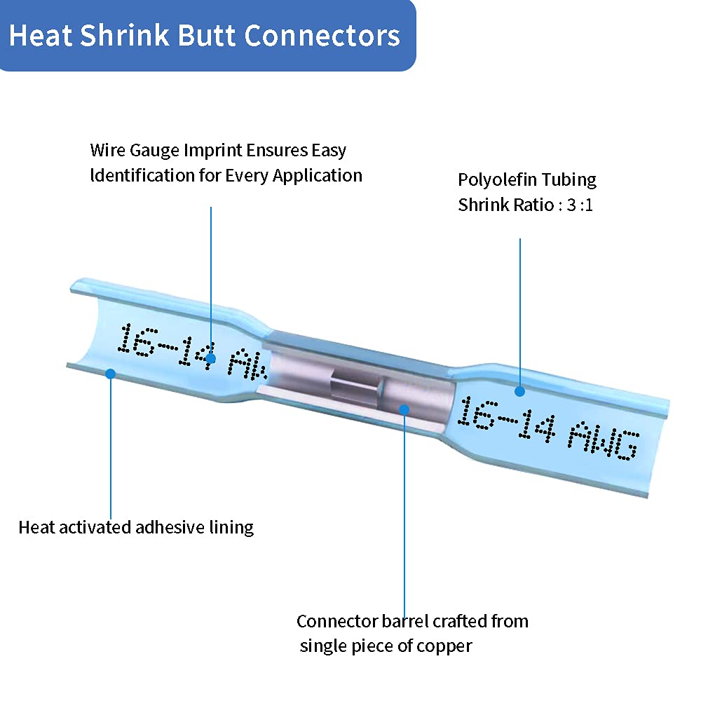 Heat Shrink Butt Connectors, 16-14 AWG 100Pcs Blue Waterproof Electric