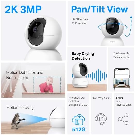 Tapo 2K Pan/Tilt Security Camera for Baby Monitor, Dog Camera w/Motion