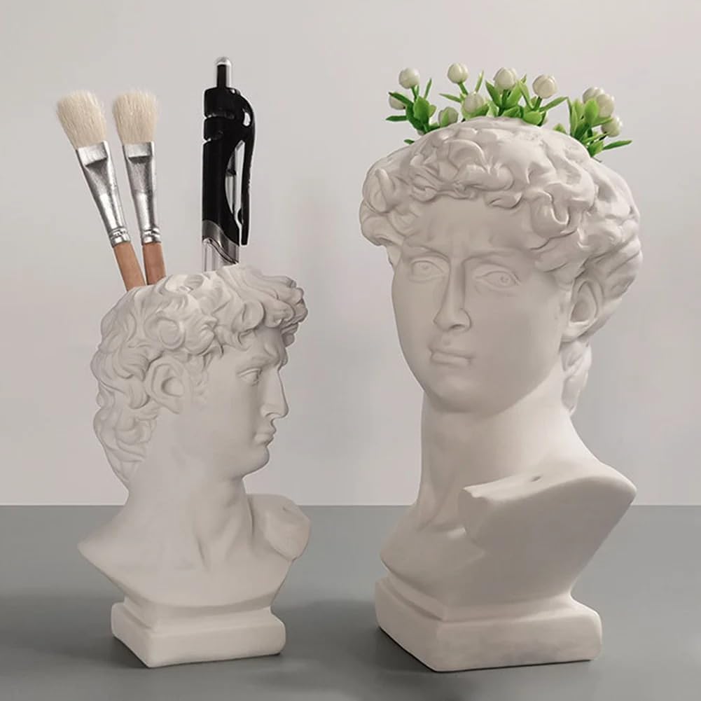 Queenbox 6.3x3.5in David Resin Bust Figurines Vase, Face Pot Heads Planter Container Holder, Classic Italy Art Statue Sculpture, White L