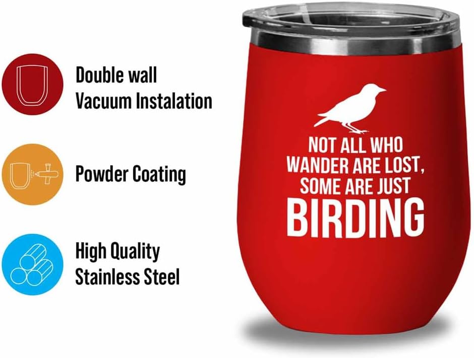 Birding Red Edition Wine Tumbler 12oz - Not all who wander - Bird Feed