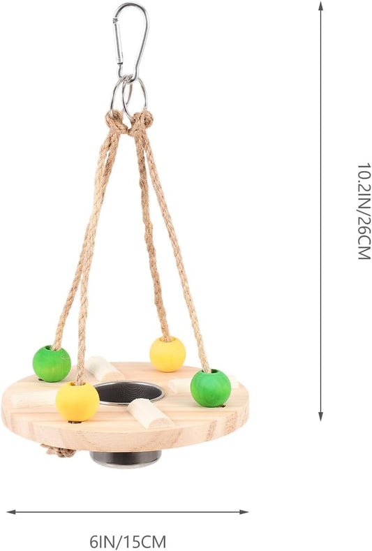 Wooden Hanging Bird Feeder Swing with Feeding Cup for Parrots Outdoor 