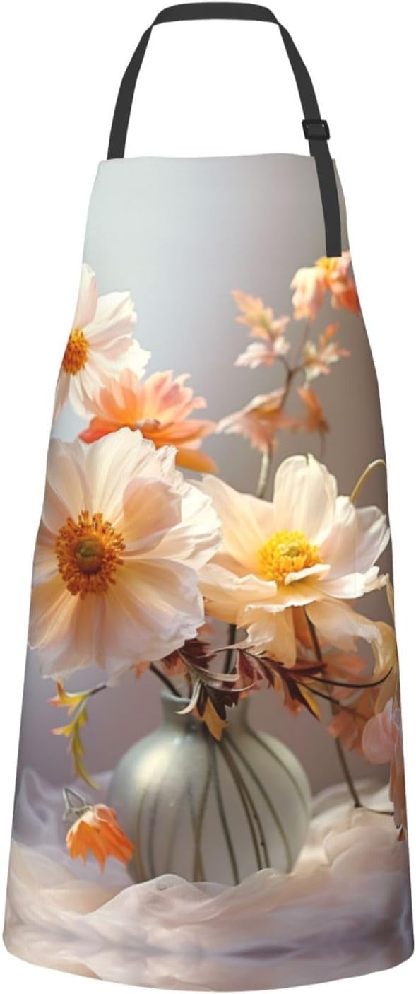 Hand Drawn Flower print Waterproof apron with pocket adjustable cookin