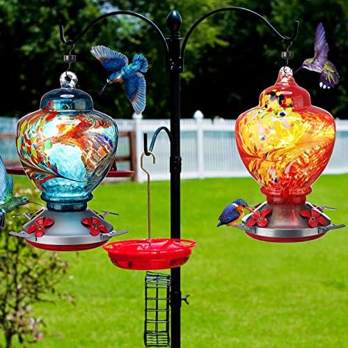 Boao 2 Pack Glass Hummingbird Feeder Set, 38 oz Large Capacity Hanging Bird Feeders with Ant Moat and 5 Feeding Ports, Decorative Garden Outdoor Feeder for Patio Yard and Garden Decor, Gifts for Mom