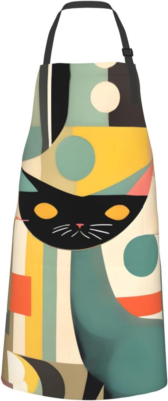 Mid-Century Modern Art Cat print Waterproof apron with pocket adjustab