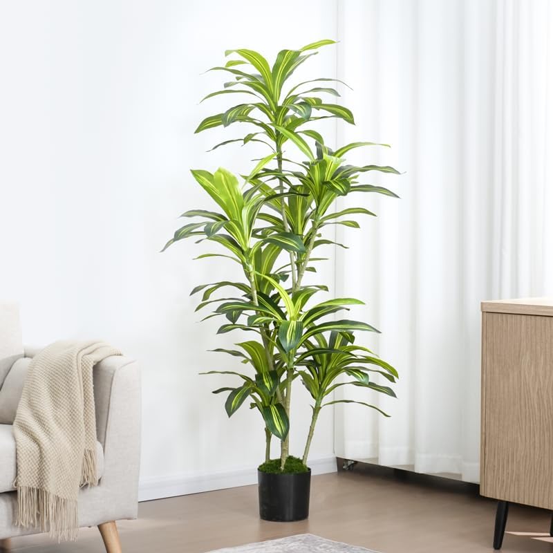 5’6” (170 cm) Dracaena Artificial Tree with Small Black Pot & Moss – Lifelike Natural Look, Maintenance-Free, Indoor & Outdoor Plant for Home, Office, Balcony & Patio